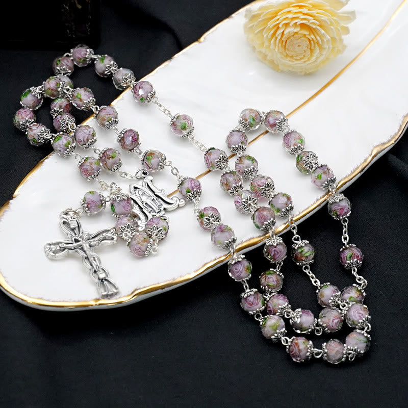 Glazed Crystal Rose Flower Beads Rosary - Grey - image 11