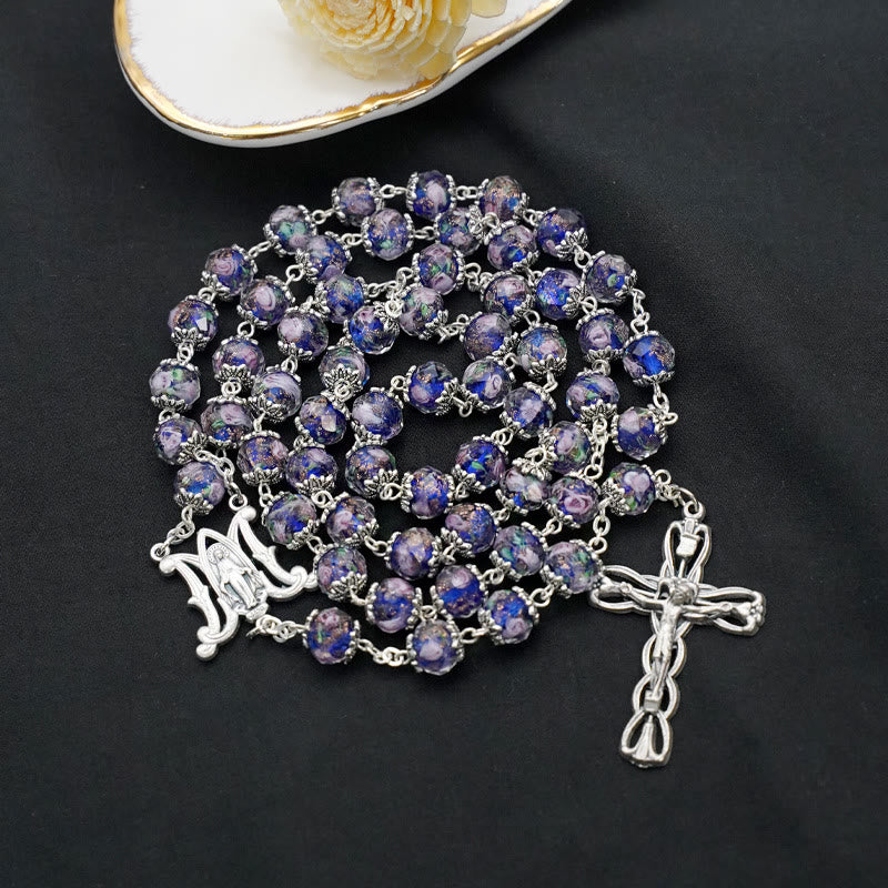 Glazed Crystal Rose Flower Beads Rosary - Blue - image 9