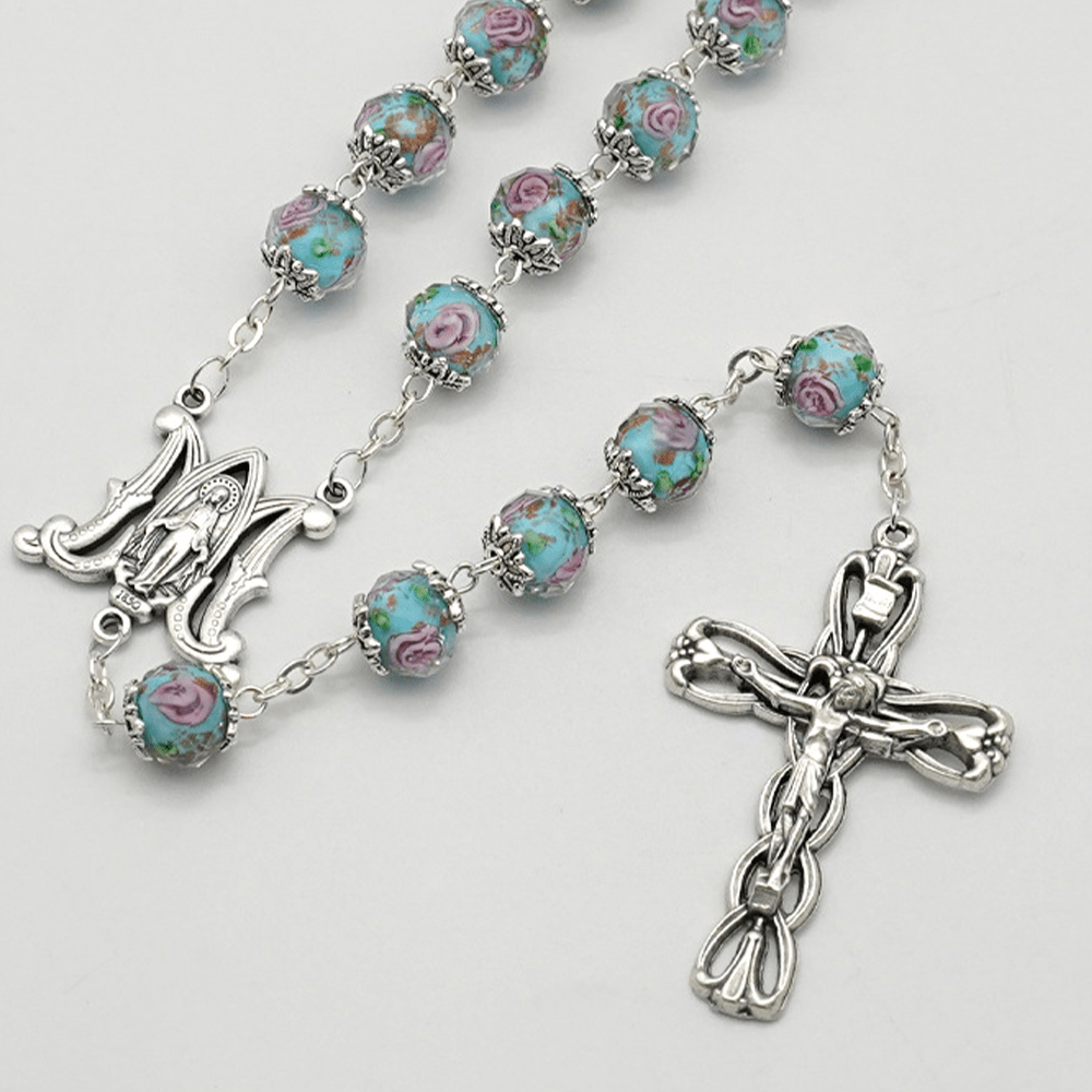 Glazed Crystal Rose Flower Beads Rosary - image 5