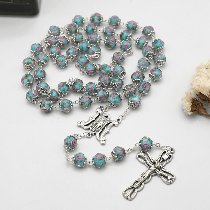 Glazed Crystal Rose Flower Beads Rosary - image 8