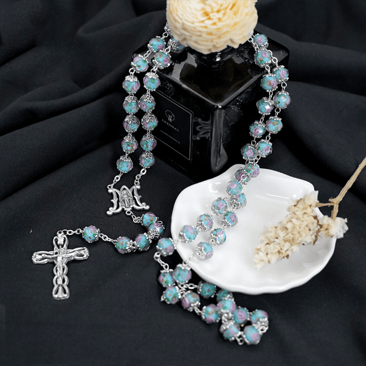 Glazed Crystal Rose Flower Beads Rosary - image 2
