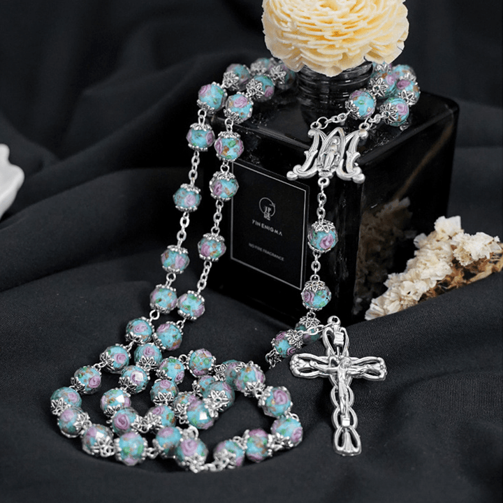 Glazed Crystal Rose Flower Beads Rosary - image 3