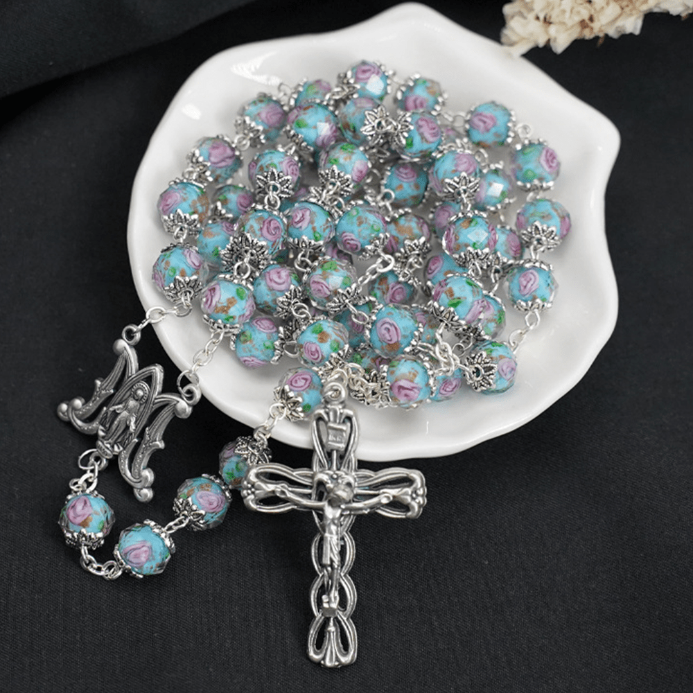 Glazed Crystal Rose Flower Beads Rosary - Sky Blue - image 1