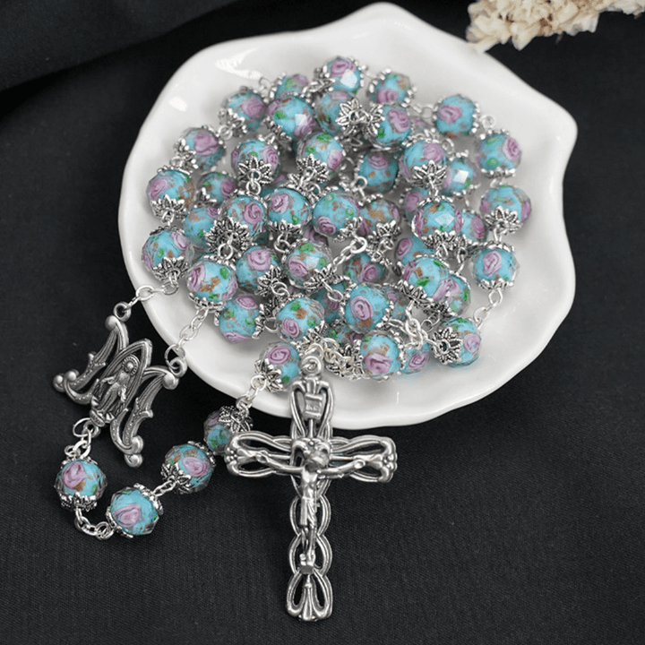 Glazed Crystal Rose Flower Beads Rosary - Sky Blue - image 1
