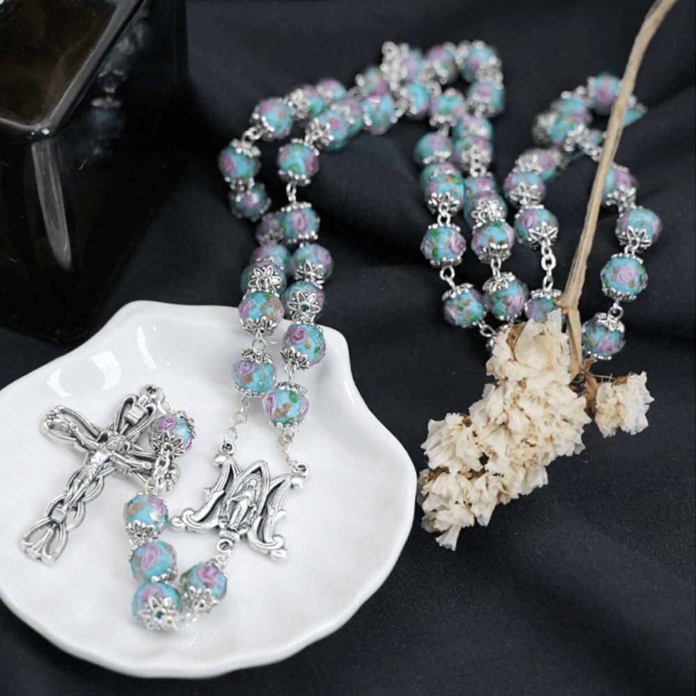 Glazed Crystal Rose Flower Beads Rosary - image 1
