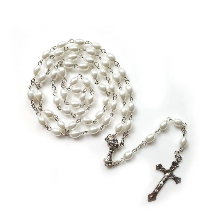 Holy Grail & Crucifix of 6*8 mm Oval White Pearl Alloy Chain Rosary - image 3