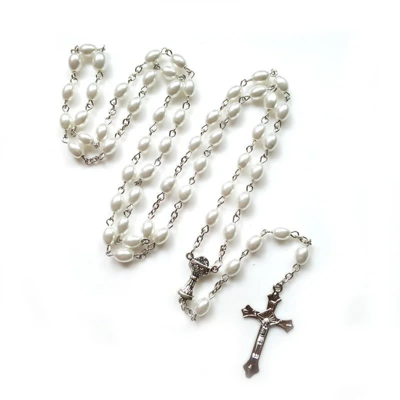 Holy Grail & Crucifix of 6*8 mm Oval White Pearl Alloy Chain Rosary - image 2