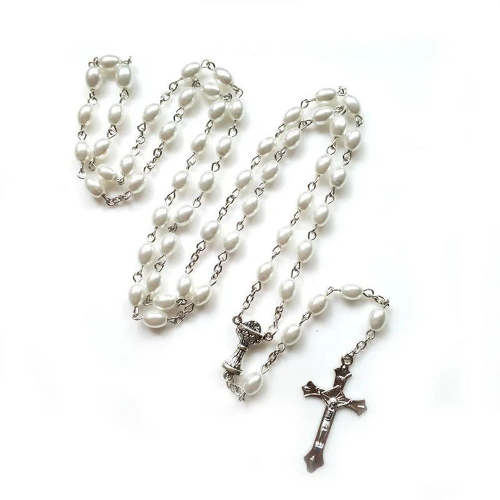 Holy Grail & Crucifix of 6*8 mm Oval White Pearl Alloy Chain Rosary - image 2