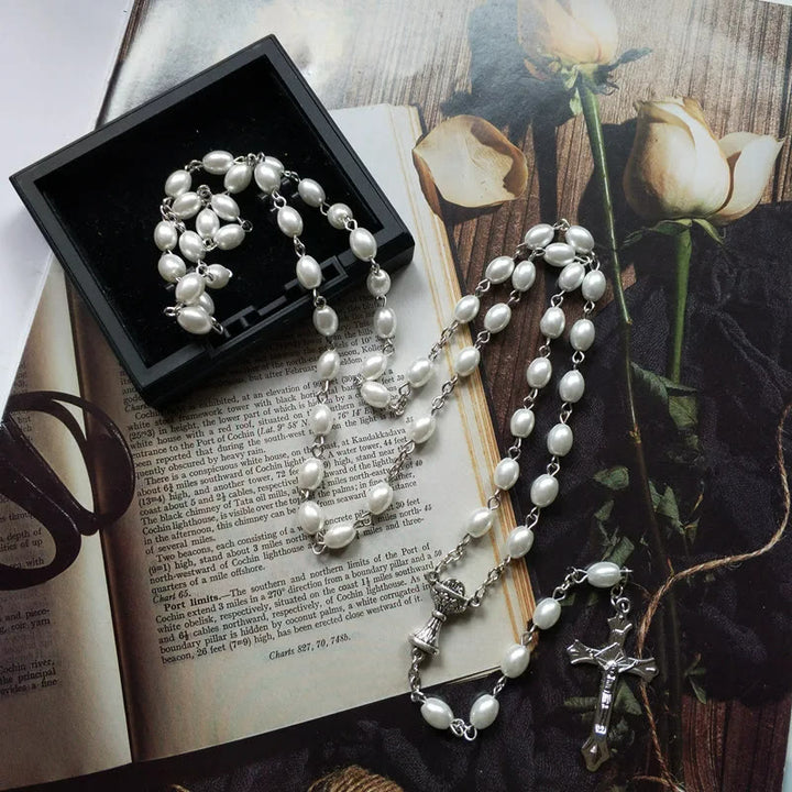 Holy Grail & Crucifix of 6*8 mm Oval White Pearl Alloy Chain Rosary - 🔥3 PCS - image 1