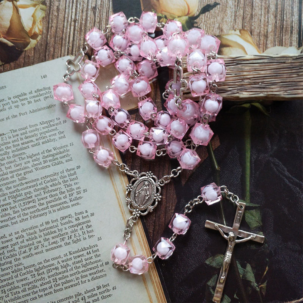 Miraculous Medal & Crucifix of 8 mm Square Pink Acrylic Alloy Chain Rosary - image 2