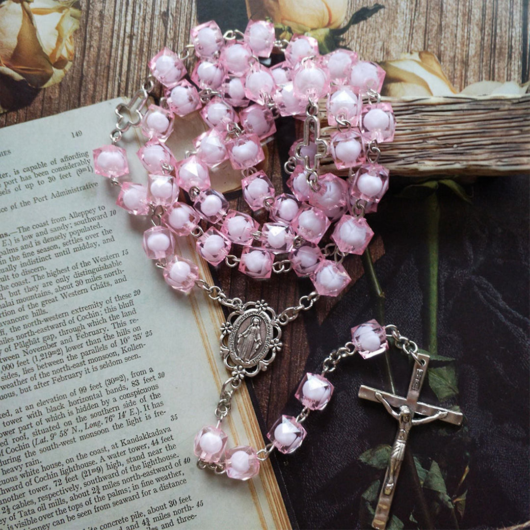 Miraculous Medal & Crucifix of 8 mm Square Pink Acrylic Alloy Chain Rosary - image 2