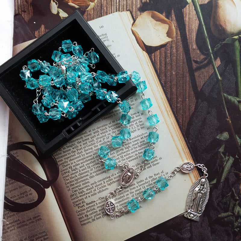 Miraculous Medal & Our Lady of Guadalupe of 8 mm Polyhedron Blue Crystal Alloy Chain Rosary - 🔥3 PCS - image 1