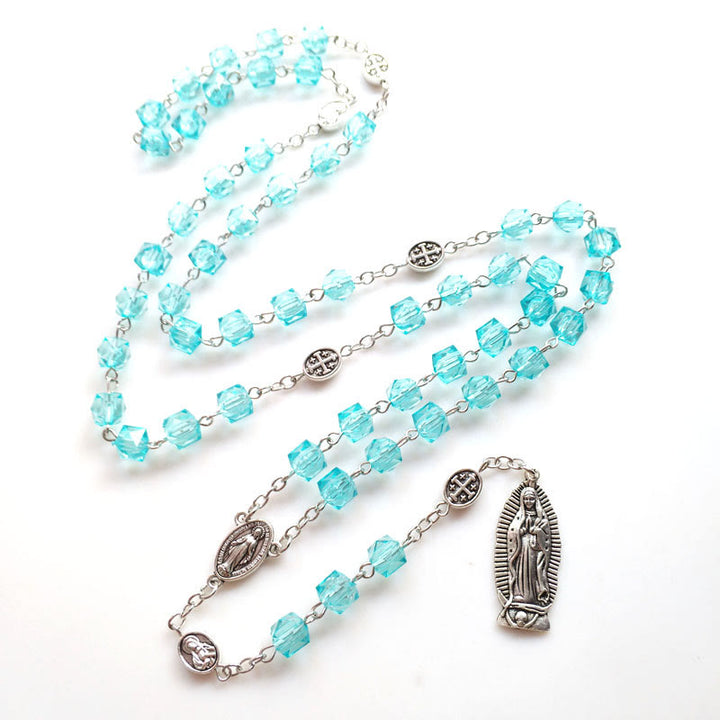 Miraculous Medal & Our Lady of Guadalupe of 8 mm Polyhedron Blue Crystal Alloy Chain Rosary - image 3