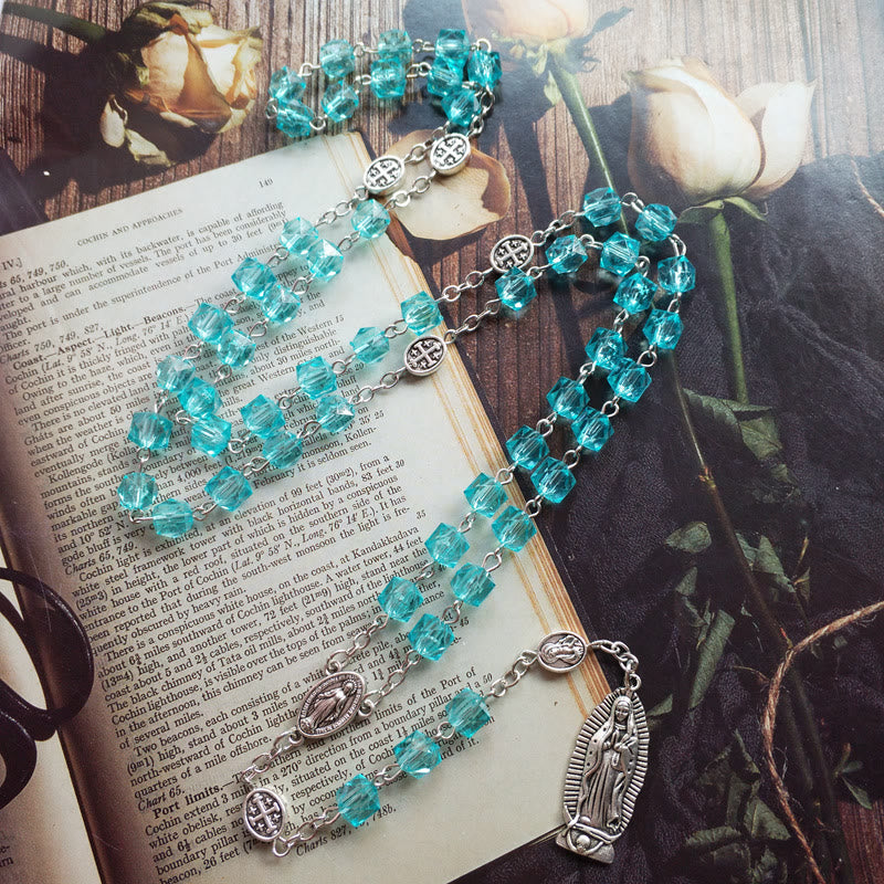 Miraculous Medal & Our Lady of Guadalupe of 8 mm Polyhedron Blue Crystal Alloy Chain Rosary - image 2