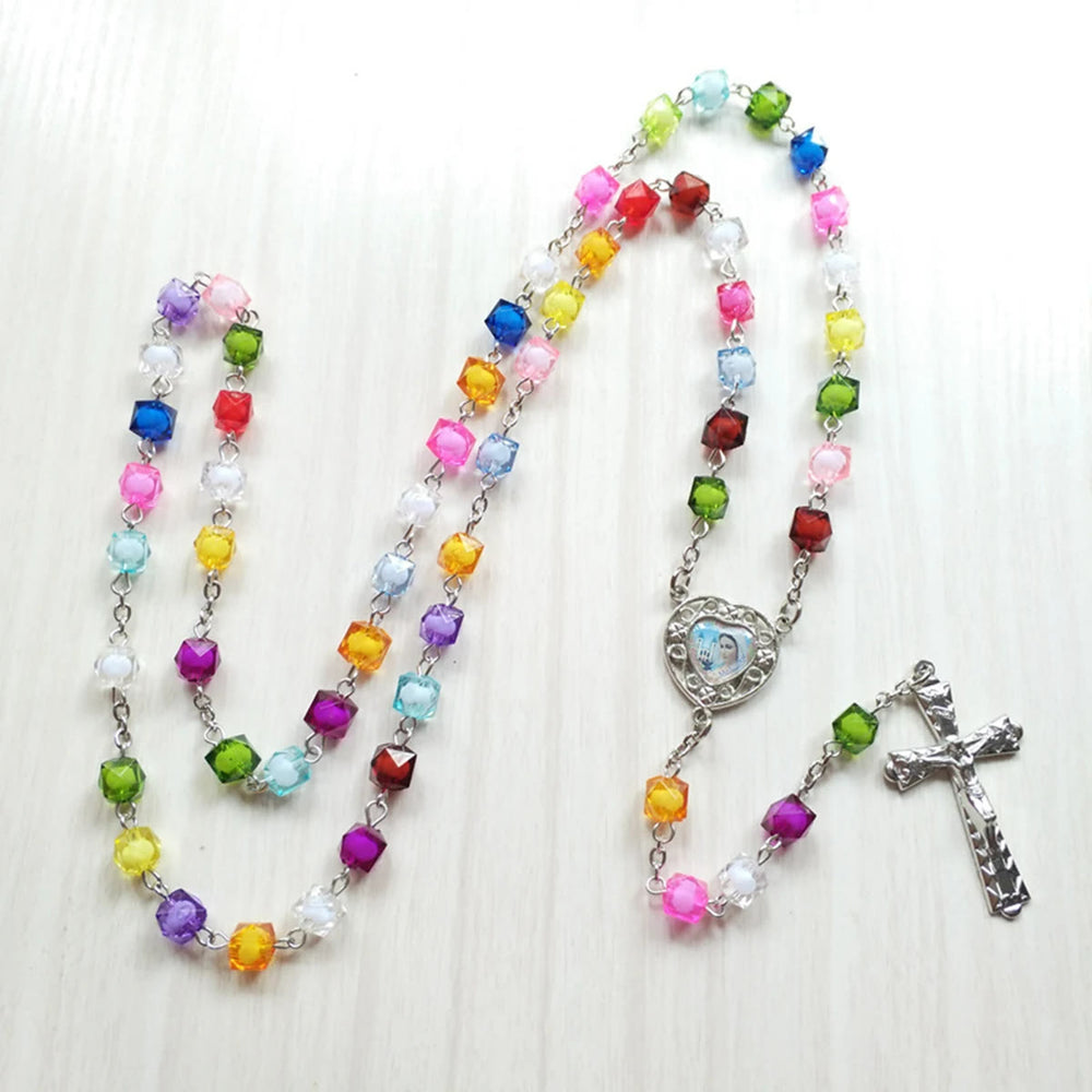 Our Lady of Peace & Crucifix of 8 mm Polyhedron Multicolor Acrylic Alloy Chain Rosary - image 2