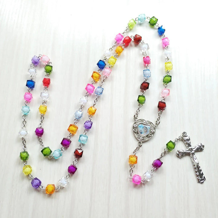Our Lady of Peace & Crucifix of 8 mm Polyhedron Multicolor Acrylic Alloy Chain Rosary - image 2