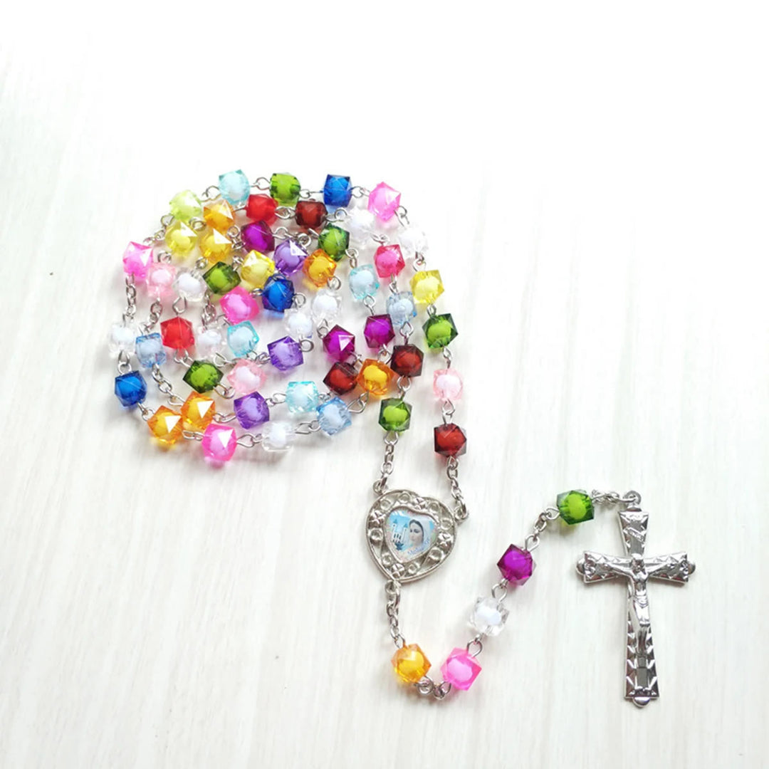Our Lady of Peace & Crucifix of 8 mm Polyhedron Multicolor Acrylic Alloy Chain Rosary - 🔥3 PCS - image 1