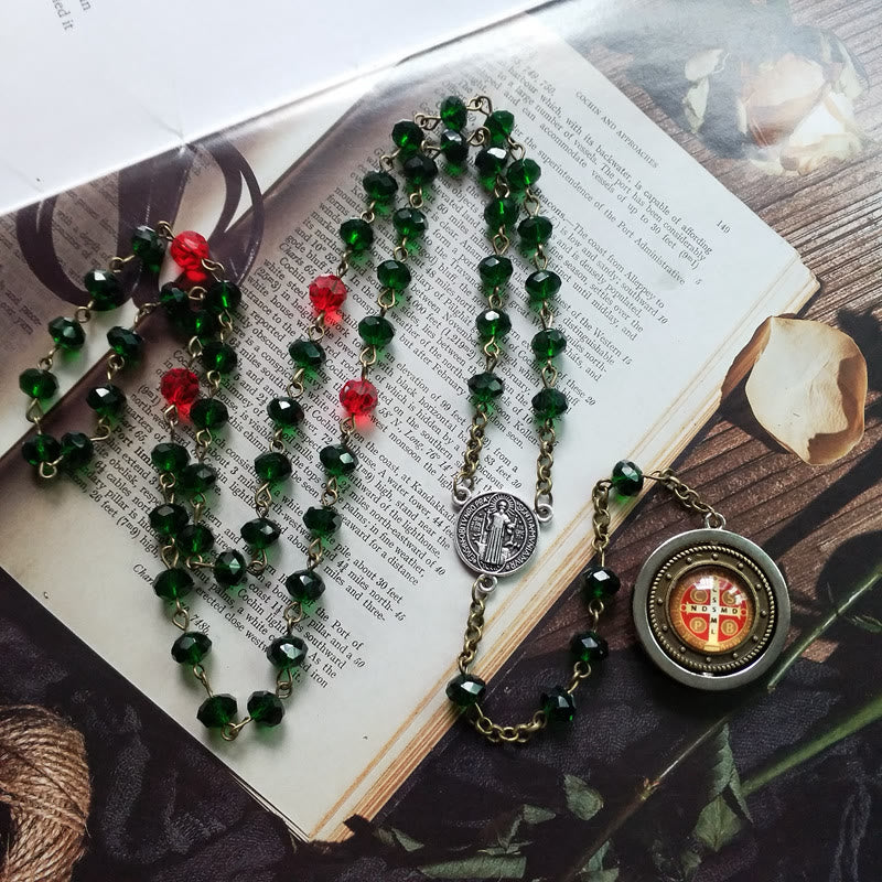 St. Benedict Medal of 6*8 mm Polyhedron Green Crystal Alloy Chain Rosary - image 2