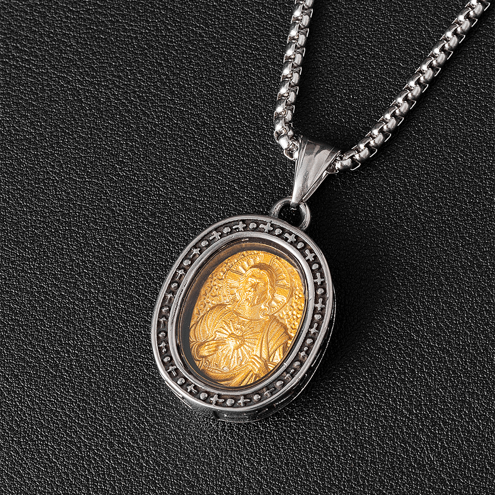 Golden Christ Saint Medal Pendant Titanium Necklace - Sacred Heart - image 9