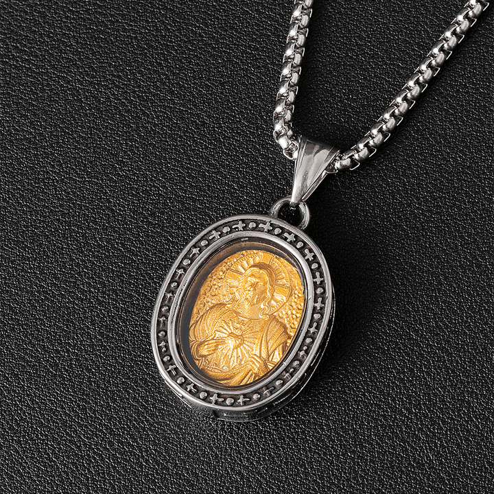 Golden Christ Saint Medal Pendant Titanium Necklace - Sacred Heart - image 9