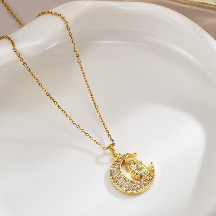 Crescent Moon Our Lady of Guadalupe Maria Golden Necklace - image 1