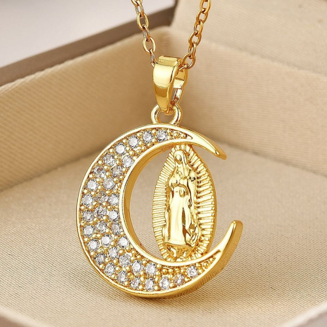 Crescent Moon Our Lady of Guadalupe Maria Golden Necklace - image 3