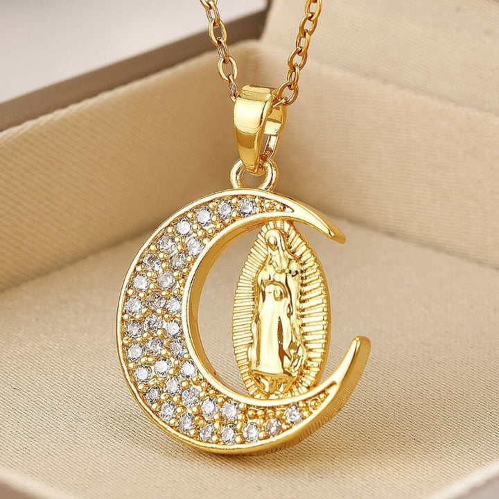 Crescent Moon Our Lady of Guadalupe Maria Golden Necklace - image 3