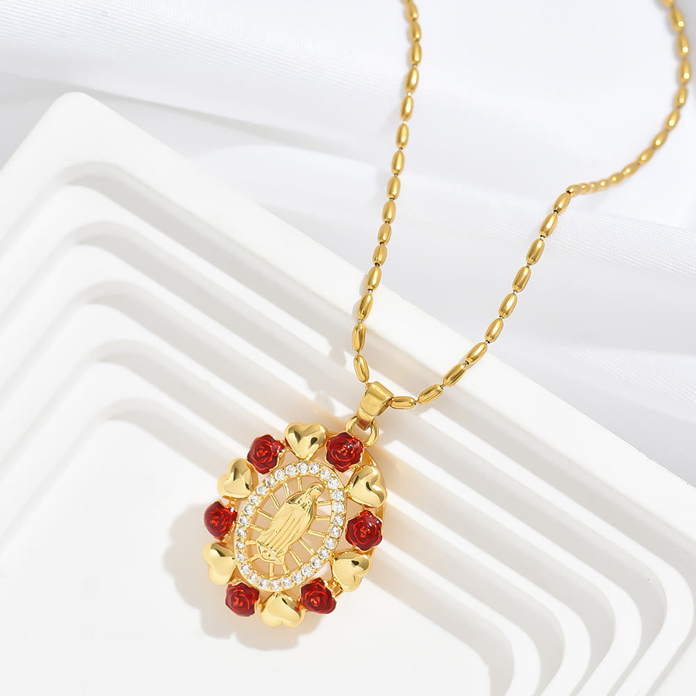 Our Lady of Guadalupe Virgin Mary Golden Necklace - Red - image 2