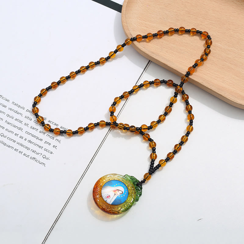 Colorful Liuli Glass Christian Virgin Mary Necklace - Our Lady of Fatima - image 2