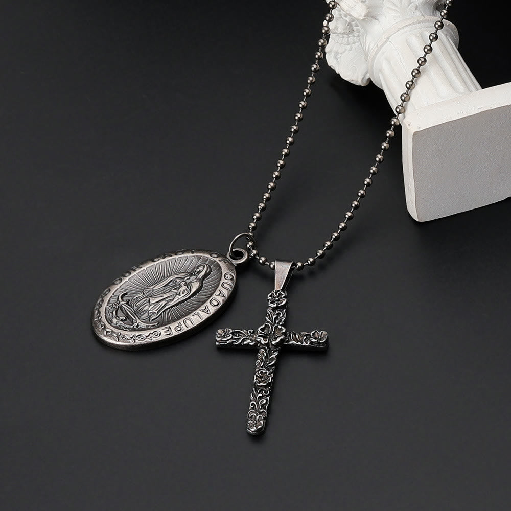 Our Lady of Guadalupe & Cross Exquisite Retro Titanium Necklace - Silver - image 1