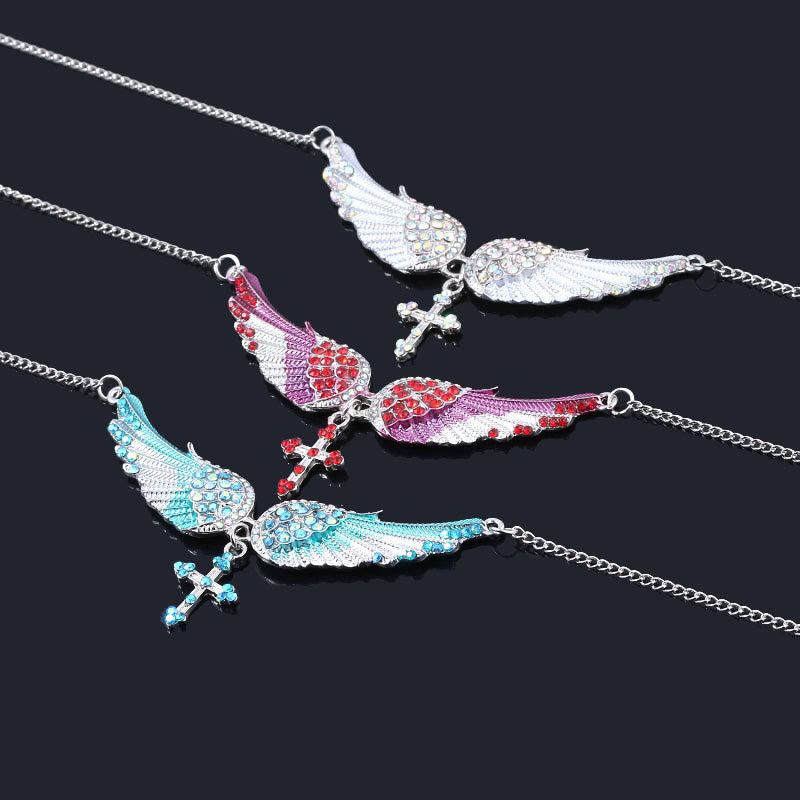 3 Color Angel Wings Cross Shiny Stone Necklace - image 2