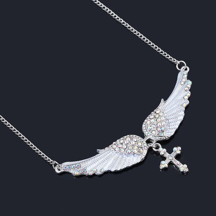 3 Color Angel Wings Cross Shiny Stone Necklace - White - image 4