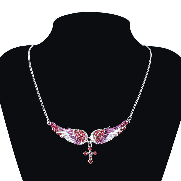 3 Color Angel Wings Cross Shiny Stone Necklace - image 5