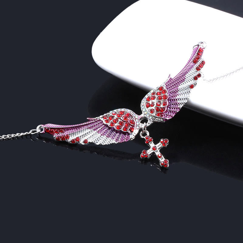 3 Color Angel Wings Cross Shiny Stone Necklace - Red - image 1