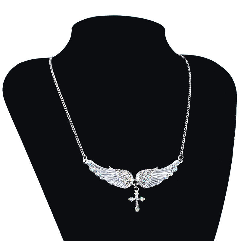 3 Color Angel Wings Cross Shiny Stone Necklace - image 6