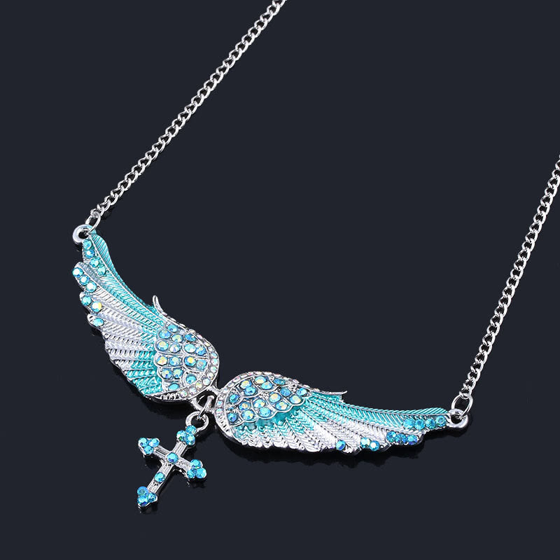 3 Color Angel Wings Cross Shiny Stone Necklace - Blue - image 3