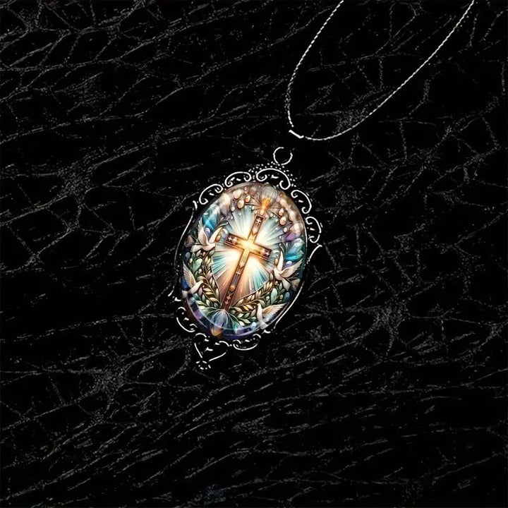 Retro Style Cross & Holy Dove Glass Pendant Necklace - image 3