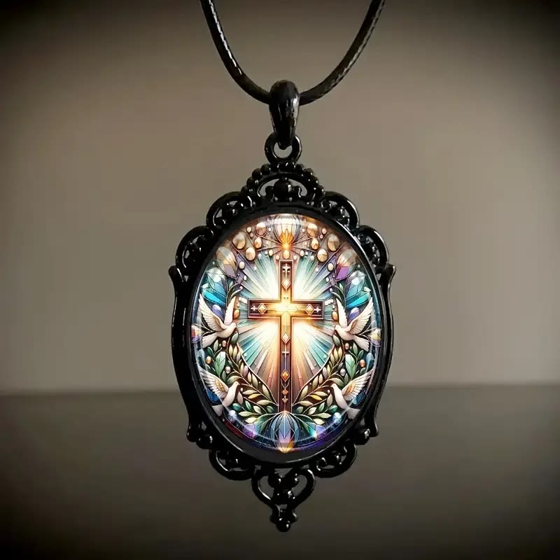 Retro Style Cross & Holy Dove Glass Pendant Necklace - image 2