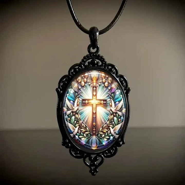 Retro Style Cross & Holy Dove Glass Pendant Necklace - image 2
