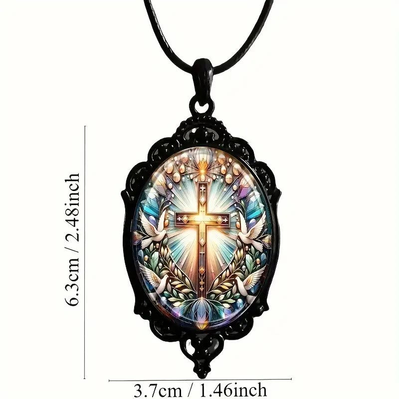 Retro Style Cross & Holy Dove Glass Pendant Necklace - image 4