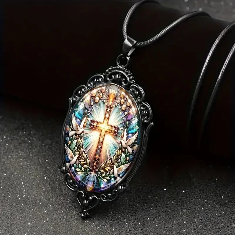 Retro Style Cross & Holy Dove Glass Pendant Necklace - Cross & Holy Dove - image 1