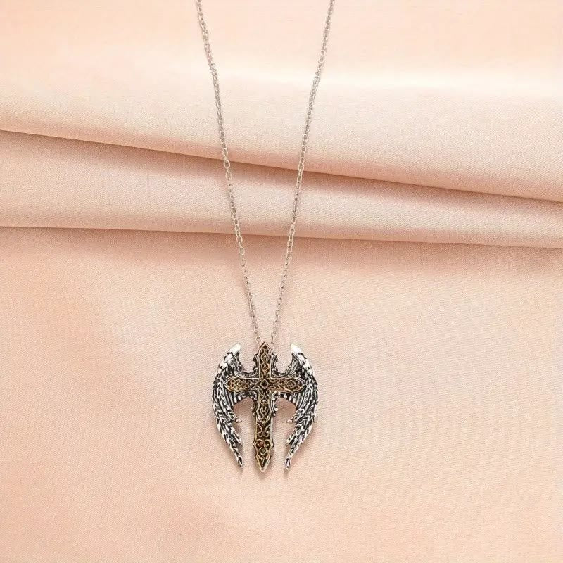 Heavy Style Protection Wings & Crafted Cross Alloy Necklace - image 2