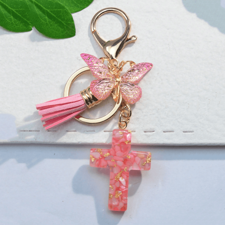 Christianartworkshop 6 Fresh Style Color Resin Butterfly Cross Keychain - Pink - image 5