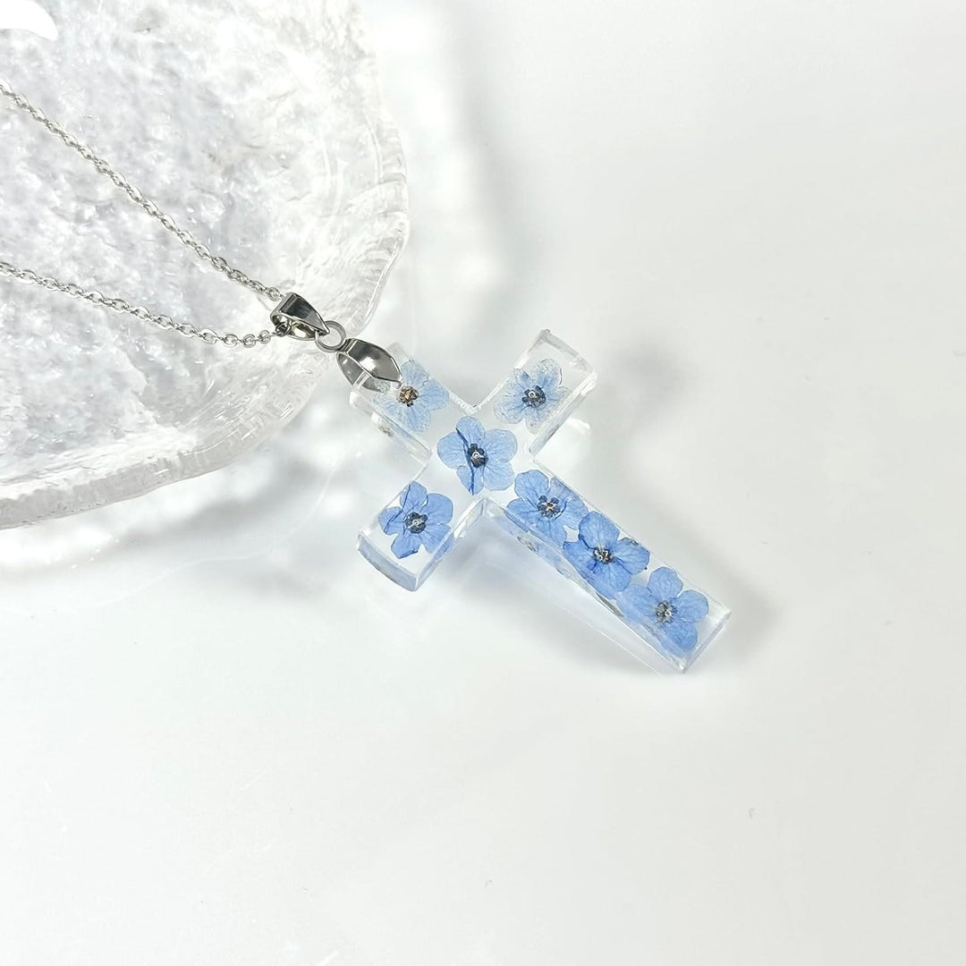 Christian Art Fresh Style Natural Real Dried Flower Cross Necklace - Forget-me-not - image 1