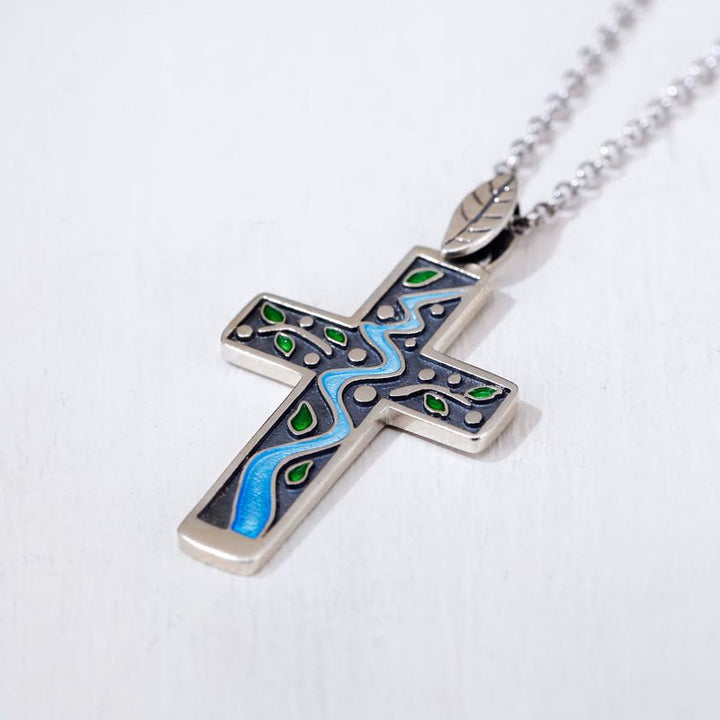 Christian Art Fresh Style Creekside Tree Enamel Cross Necklace - image 4