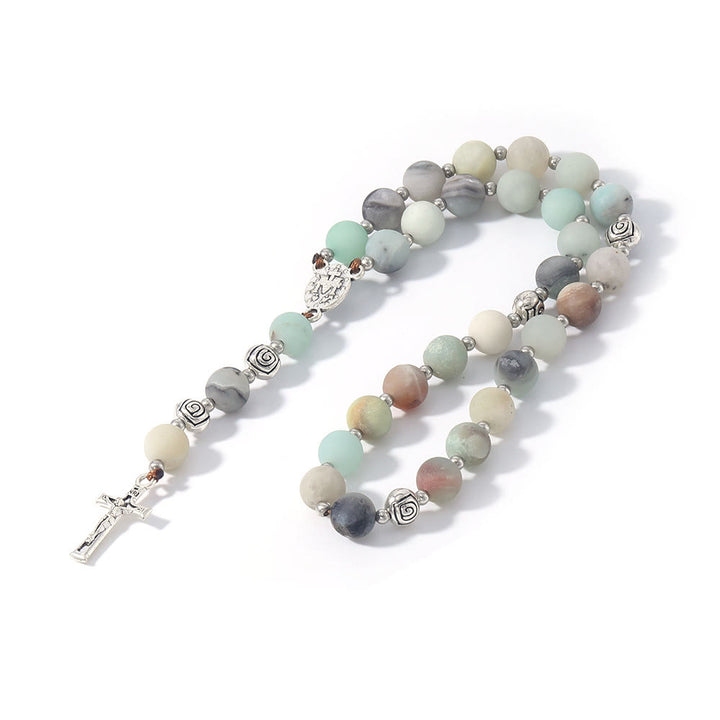 Miraculous Medal & Crucifix of 8 mm Round Multicolor Stone Nylon Cord Rosary - image 17
