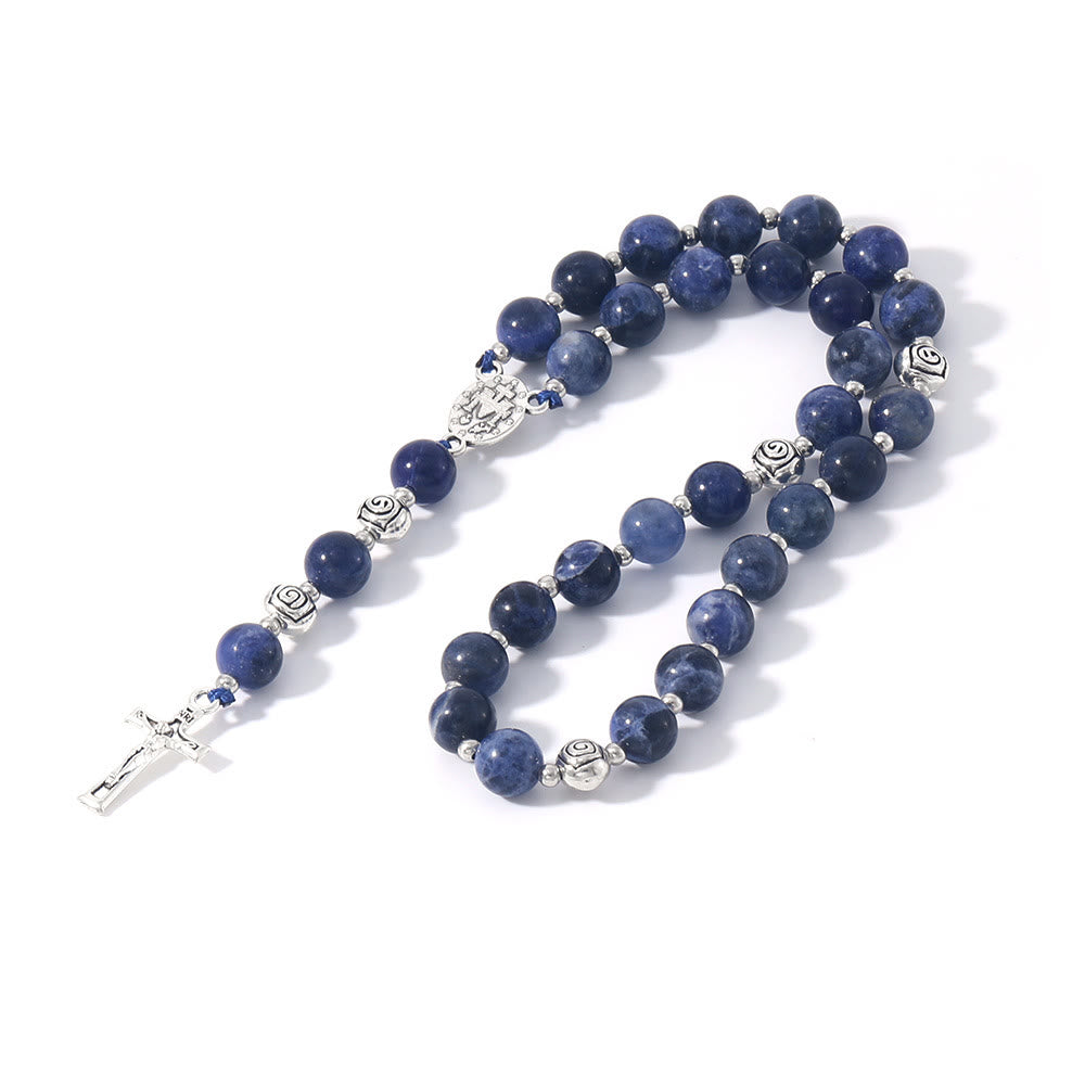 Miraculous Medal & Crucifix of 8 mm Round Multicolor Stone Nylon Cord Rosary - image 18