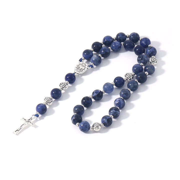 Miraculous Medal & Crucifix of 8 mm Round Multicolor Stone Nylon Cord Rosary - image 18