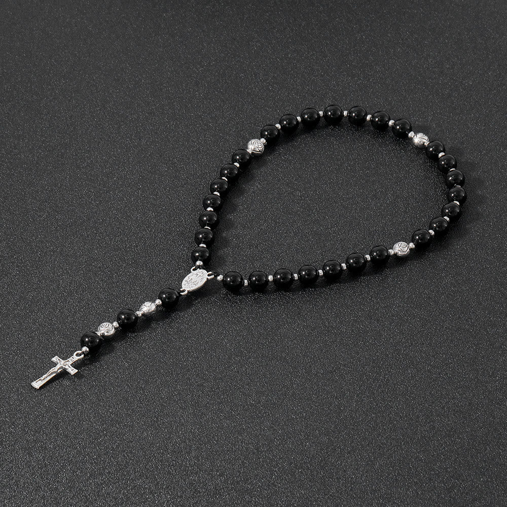 Miraculous Medal & Crucifix of 8 mm Round Multicolor Stone Nylon Cord Rosary - Polished Black Agate - image 12
