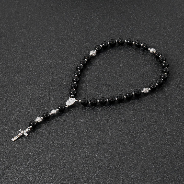 Miraculous Medal & Crucifix of 8 mm Round Multicolor Stone Nylon Cord Rosary - Polished Black Agate - image 12